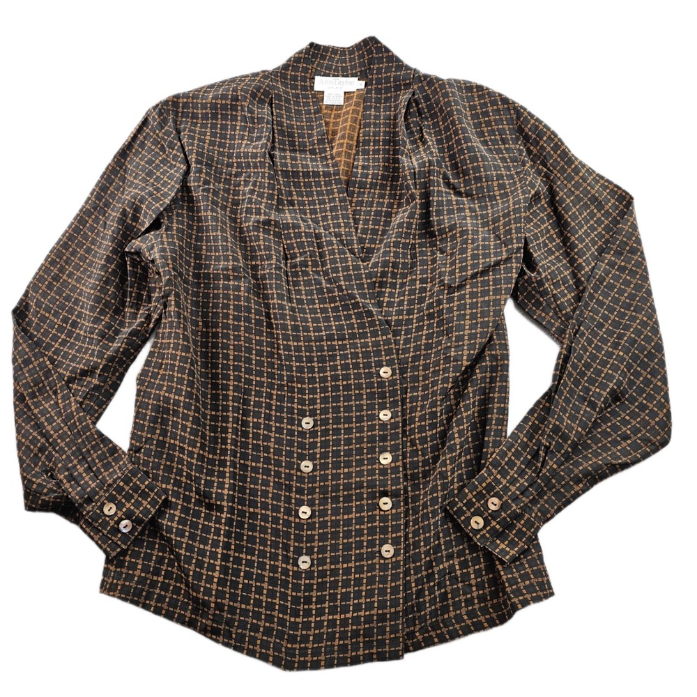 Ann Taylor Studio Blouse Womens Size 2 Brown Plaid Silk Career Double Breasted